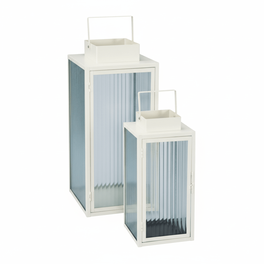2 - pk Lykt hvit metall stripet glass - Lindas Dekor