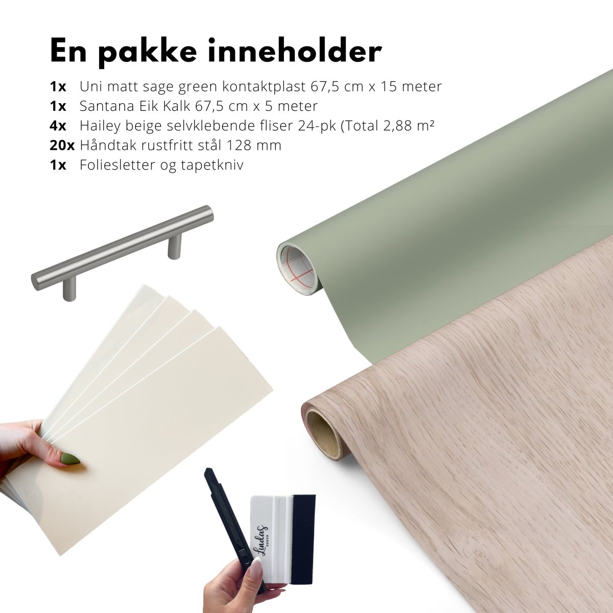komplett kjøkkenkit til billig oppussing av kjøkken til grønne skap, lys eik benkeplate og beige fliser ala Halvor Bakke-stil på Eventyrlig oppussing