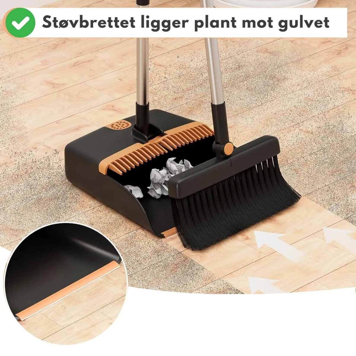 Kost og støvbrett med justerbar lengde og stående oppbevaring