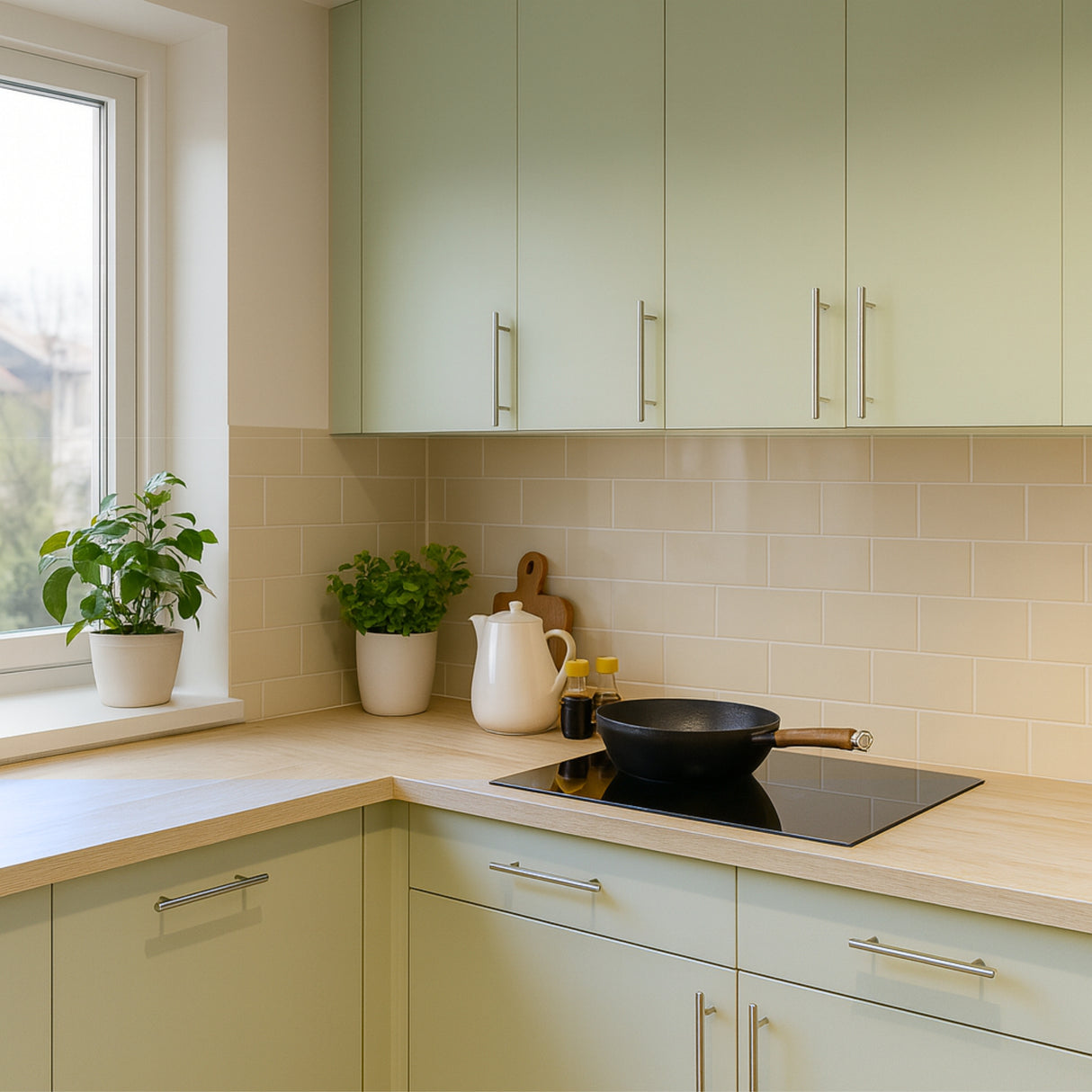 Moderne kjøkken i nordisk stil med slette salviegrønne skapfronter, lys eikelook benkeplate, beige subway-fliser med tynn hvit fug og sølvhåndtak. Pyntet med grønne planter, hvit kanne og stekepanne i naturlig lys ved vinduet.