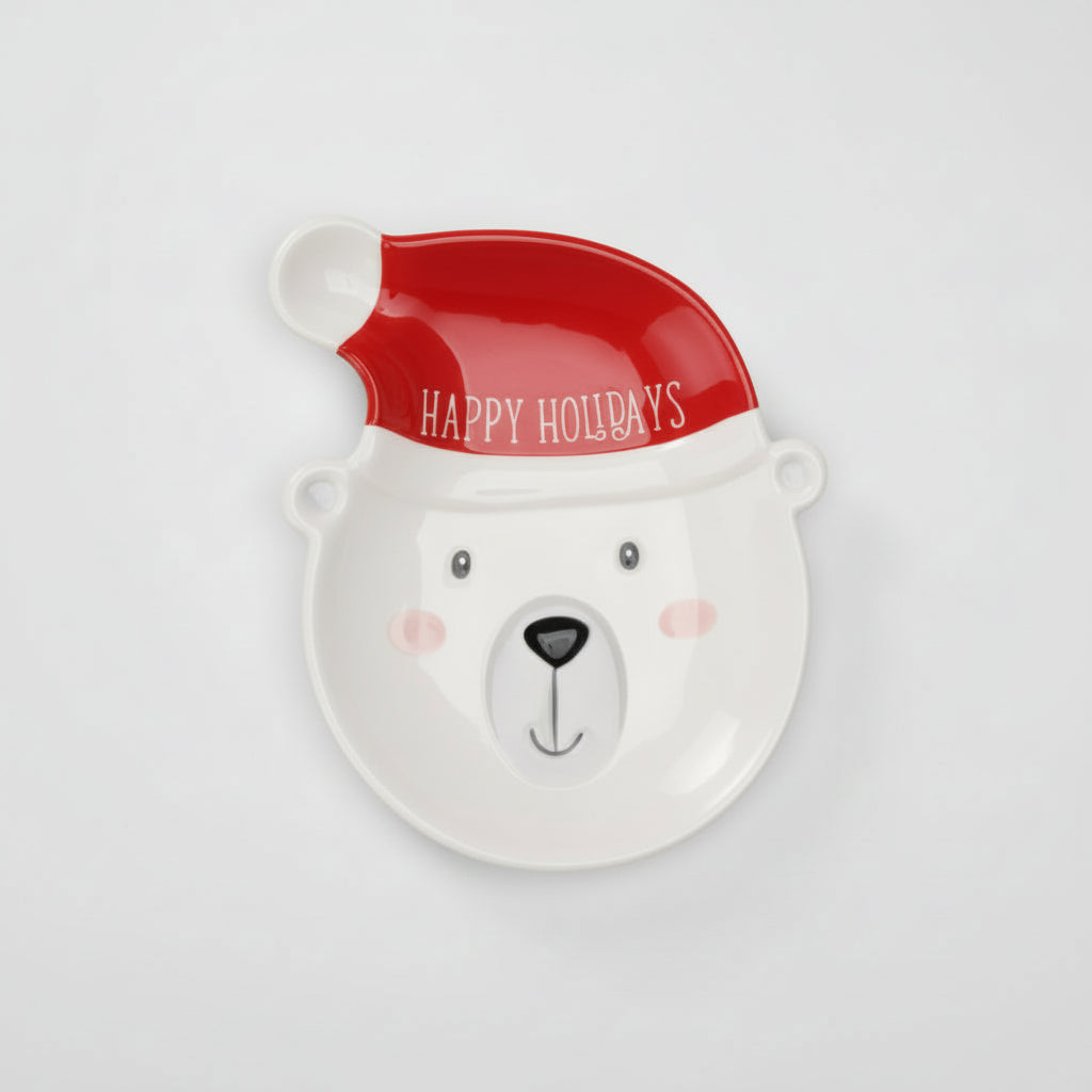 tallerken i keramikk med isbjørn og nisselue juledesign