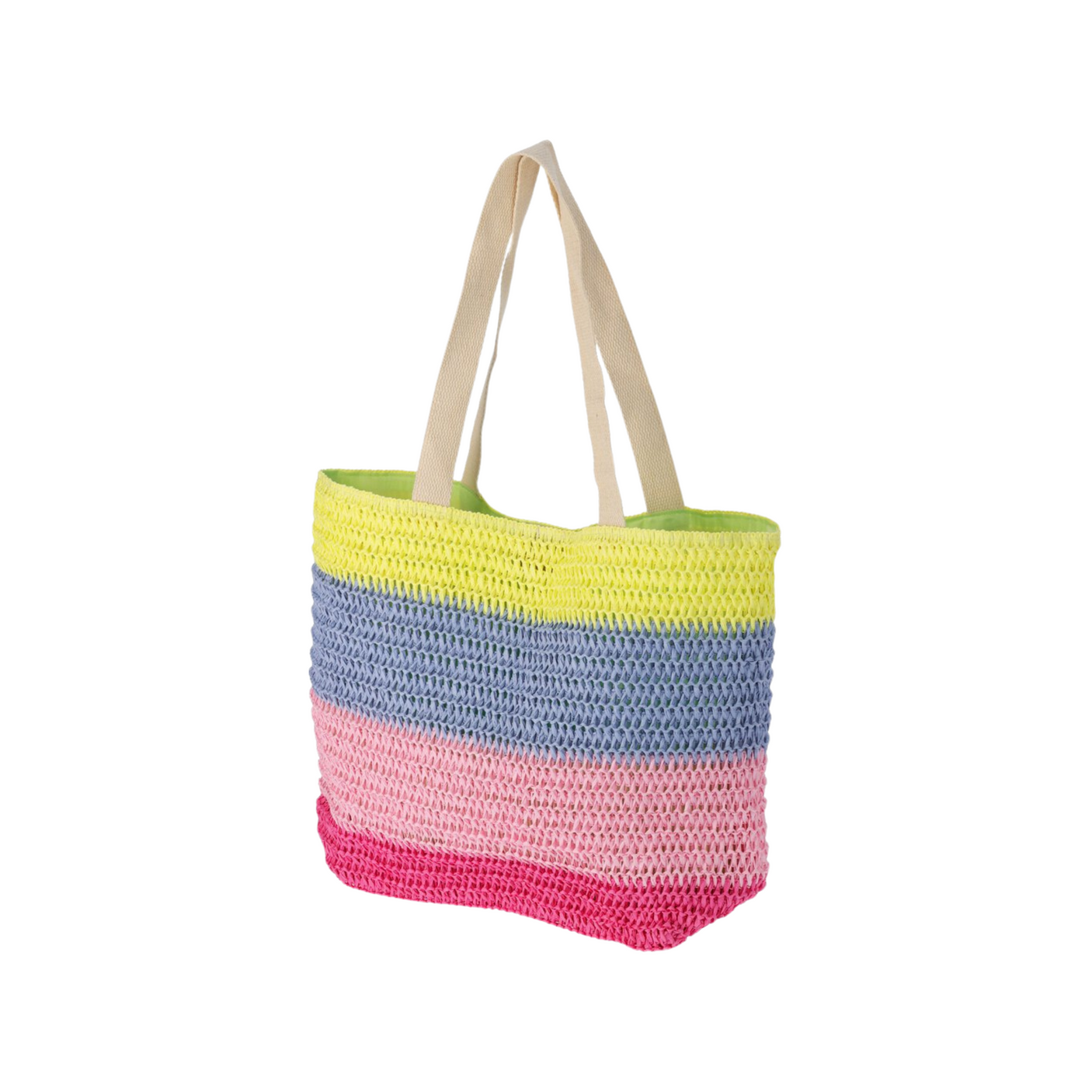 Stripet strandveske i friske sommerfarger med beige håndtak, sett fra skrå vinkel på hvit bakgrunn.