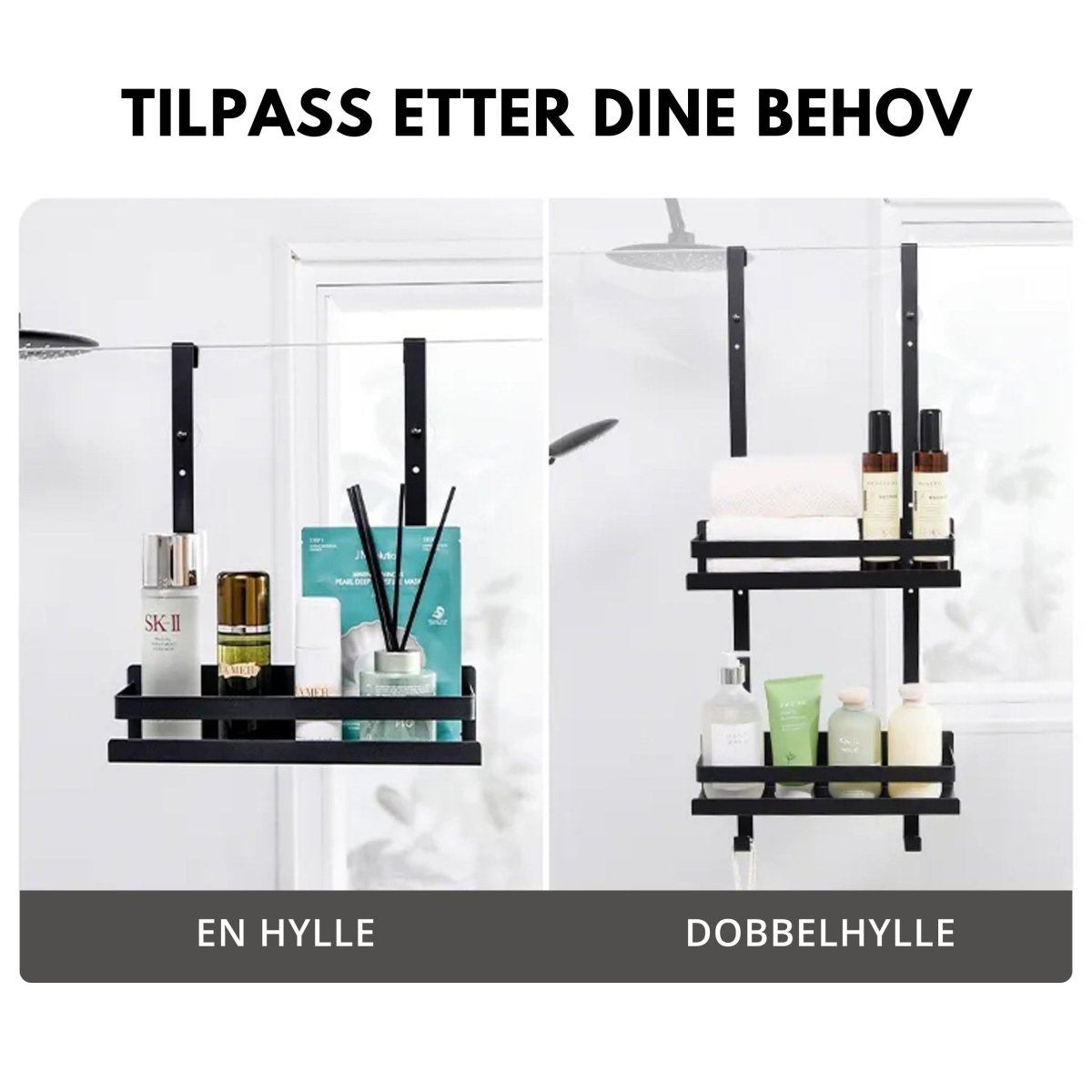 Dusjhylle med to nivåer og kroker brukt i lys dusjnisje