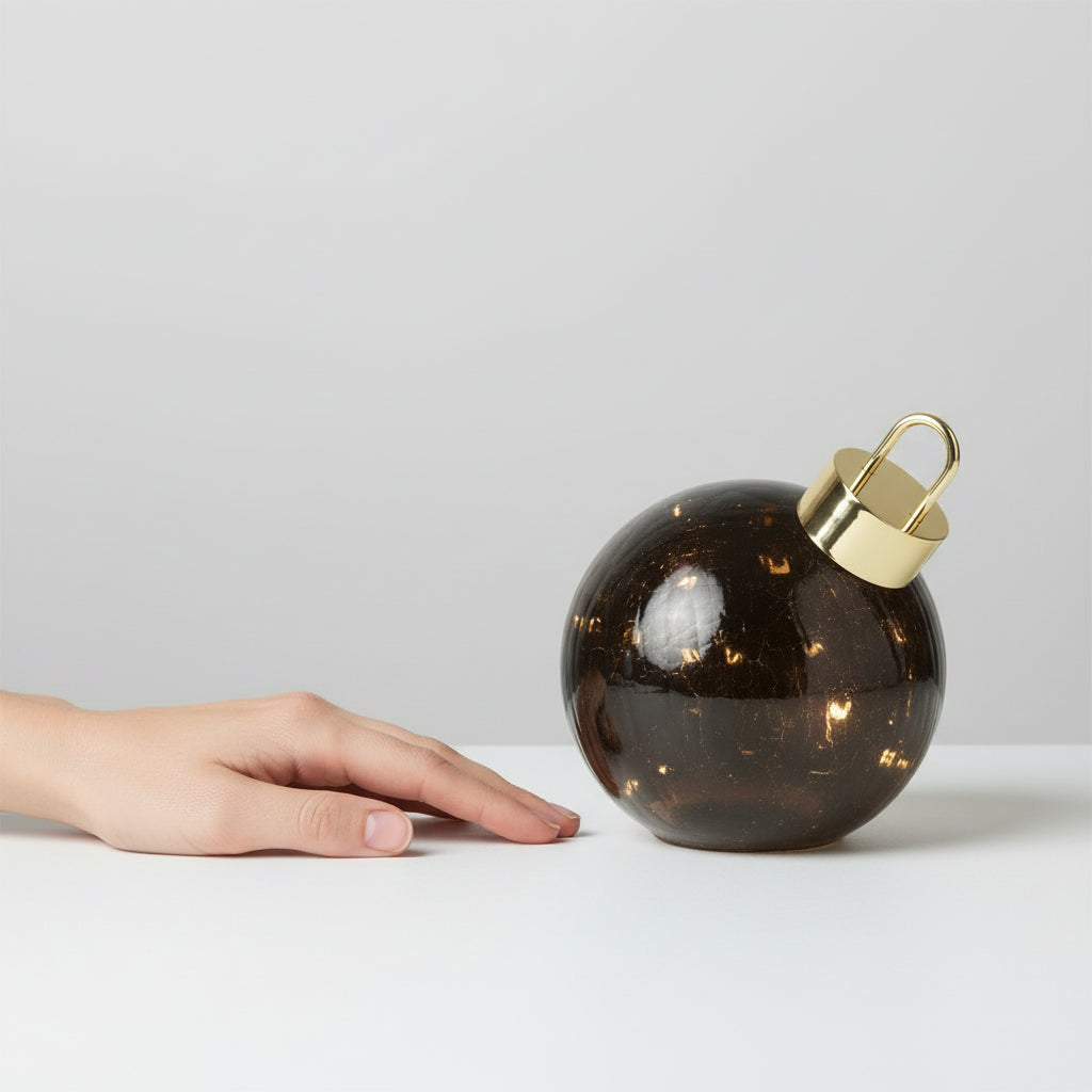 Liten LED julekule i svart til juledekorasjon.