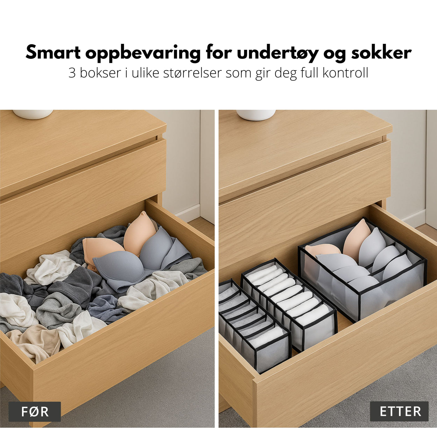 3-pk oppbevaringsbokser til garderobe