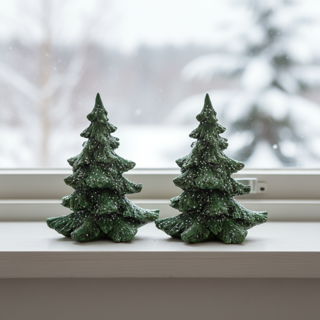 To grønne miniatyrjuletre med snøeffekt, 16 cm høye, kompakt julepynt