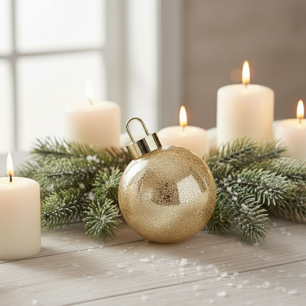 Julekule i gullfarget glass med LED-lys, omgitt av granbar og tente lys på bord.