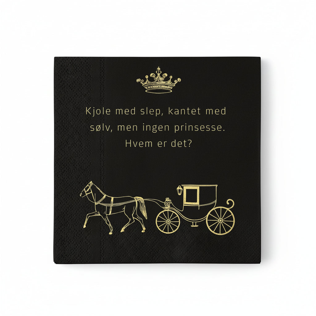 Elegant papirserviett i svart med gulltrykk og humoristisk gåte til festlig anledning.