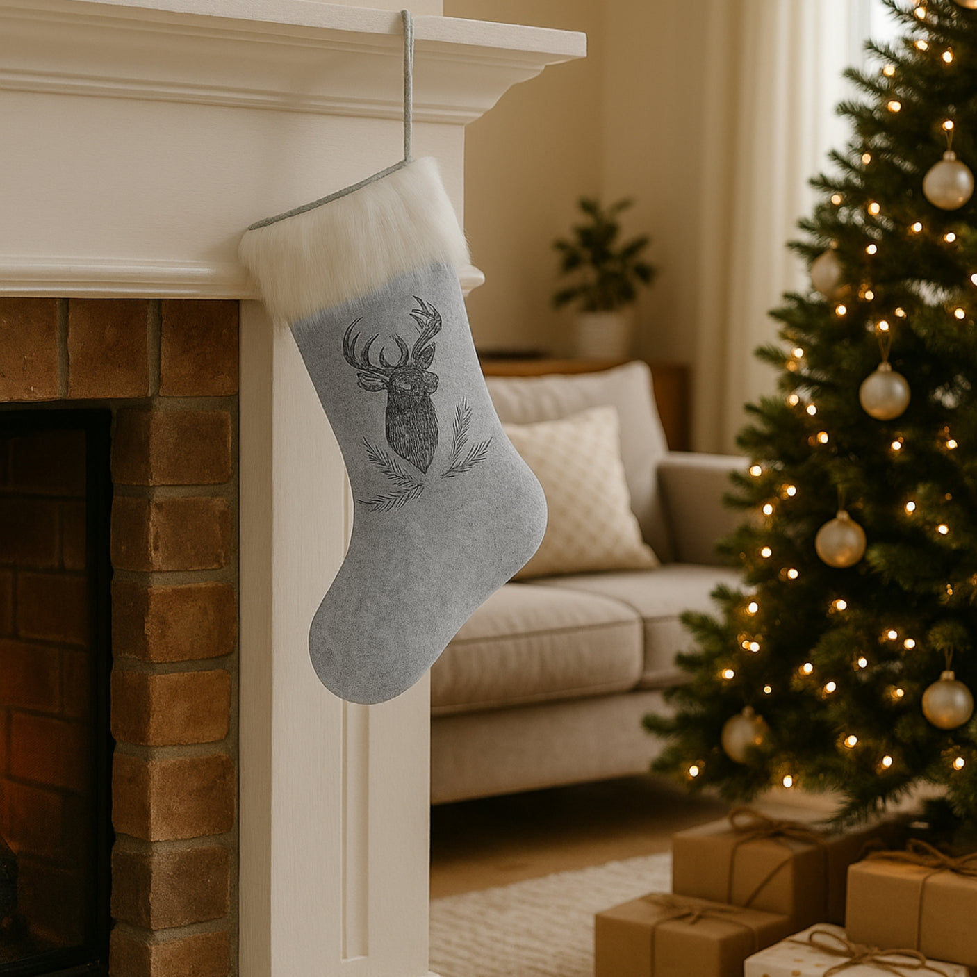 Grå julestrømpe i filt med reinsdyrmotiv og hvit pelskant, hengende på peis ved juletre pyntet med lys og julekuler.