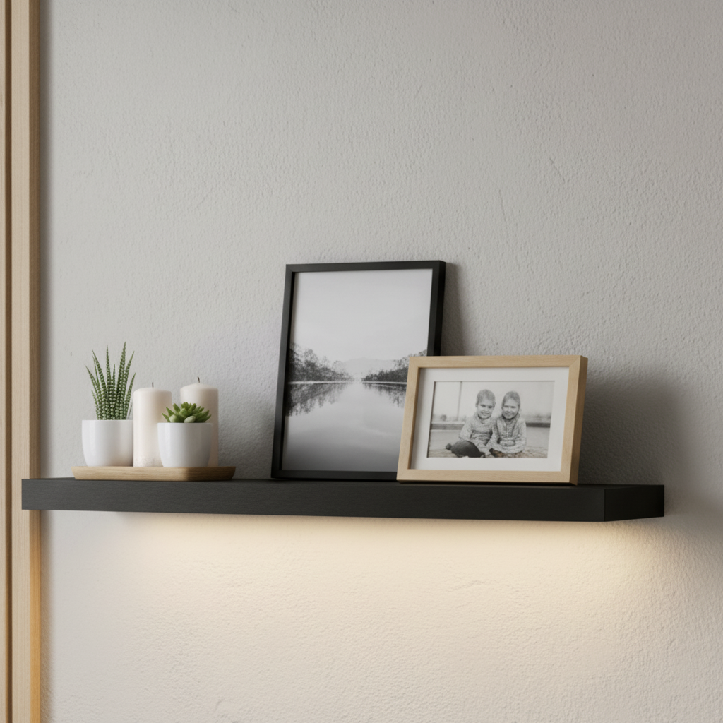 vegghylle med innebygd LED-belysning sort MDF