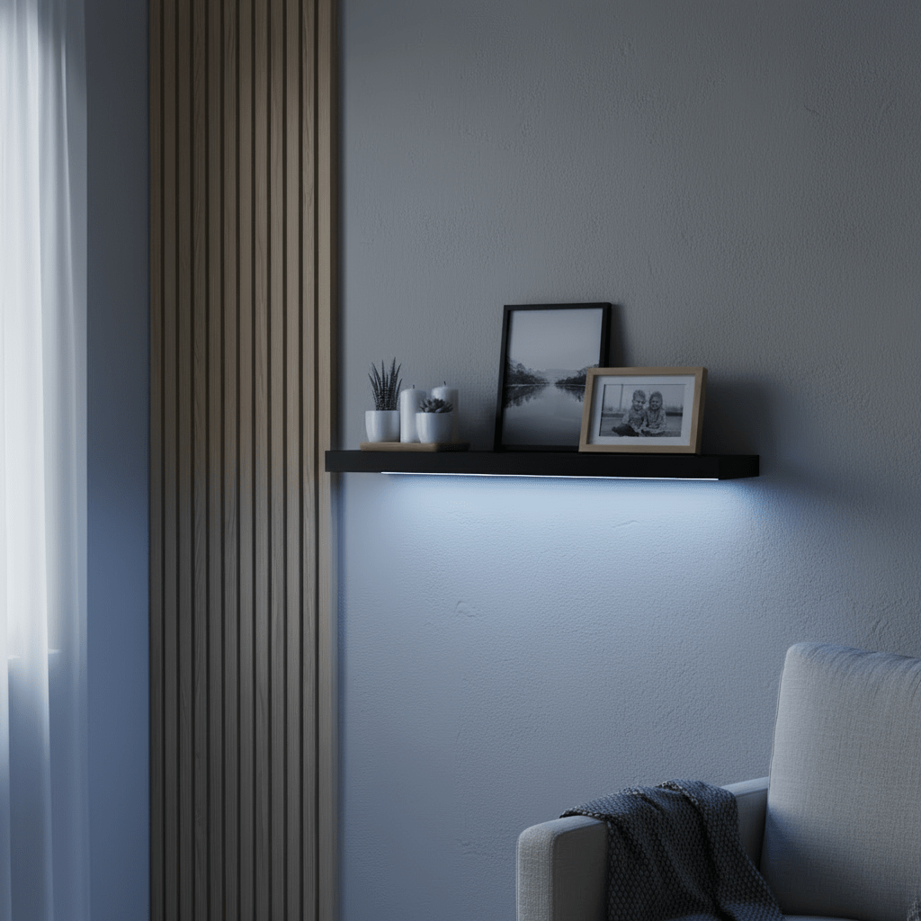 Hylle med LED - lys sort - Lindas Dekor