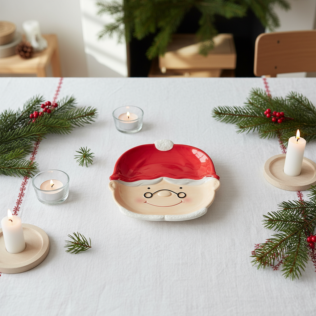 Juleinspirert tallerken formet som nissemor brukt til servering av småkaker