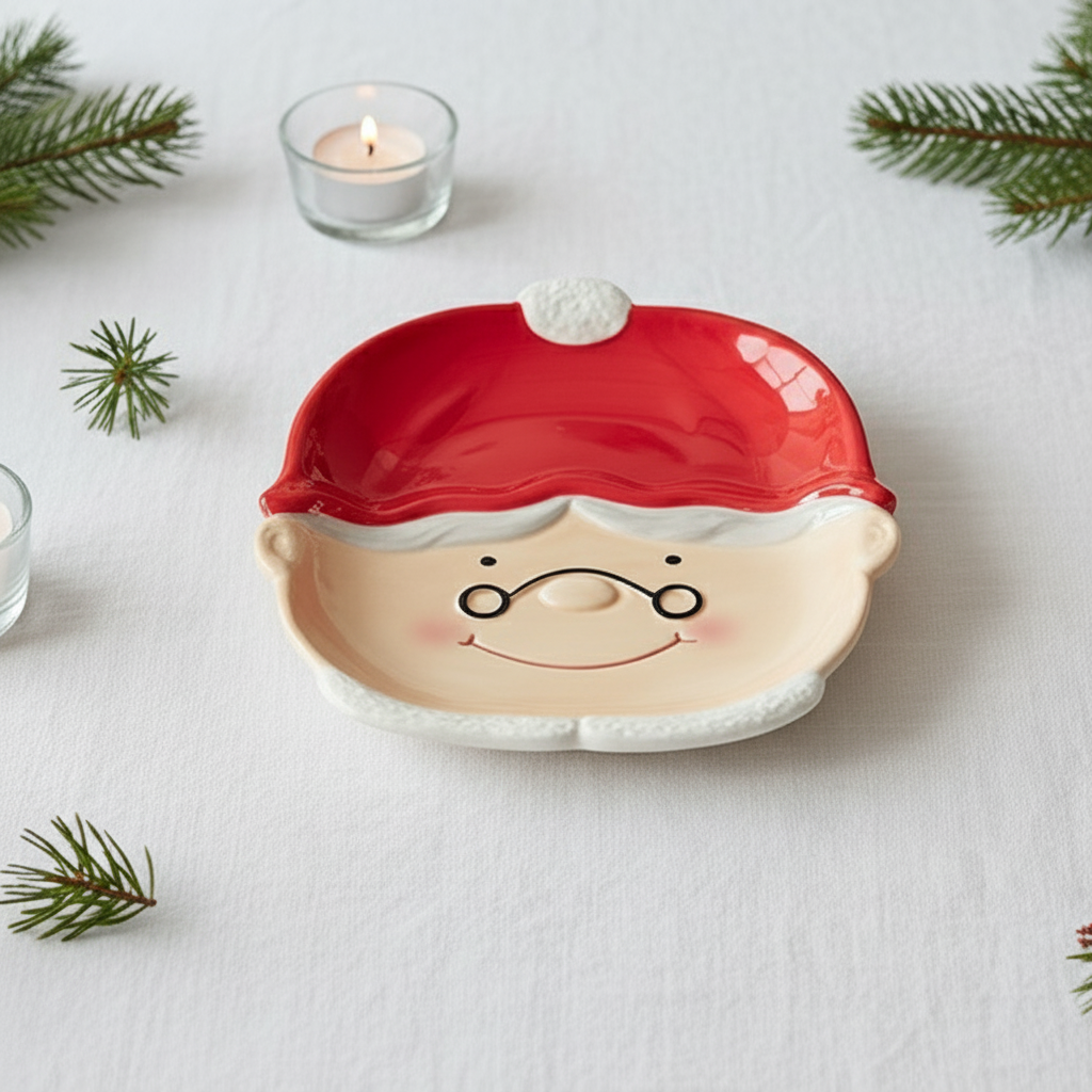 Tallerken formet som nissemor med rød lue på julebord