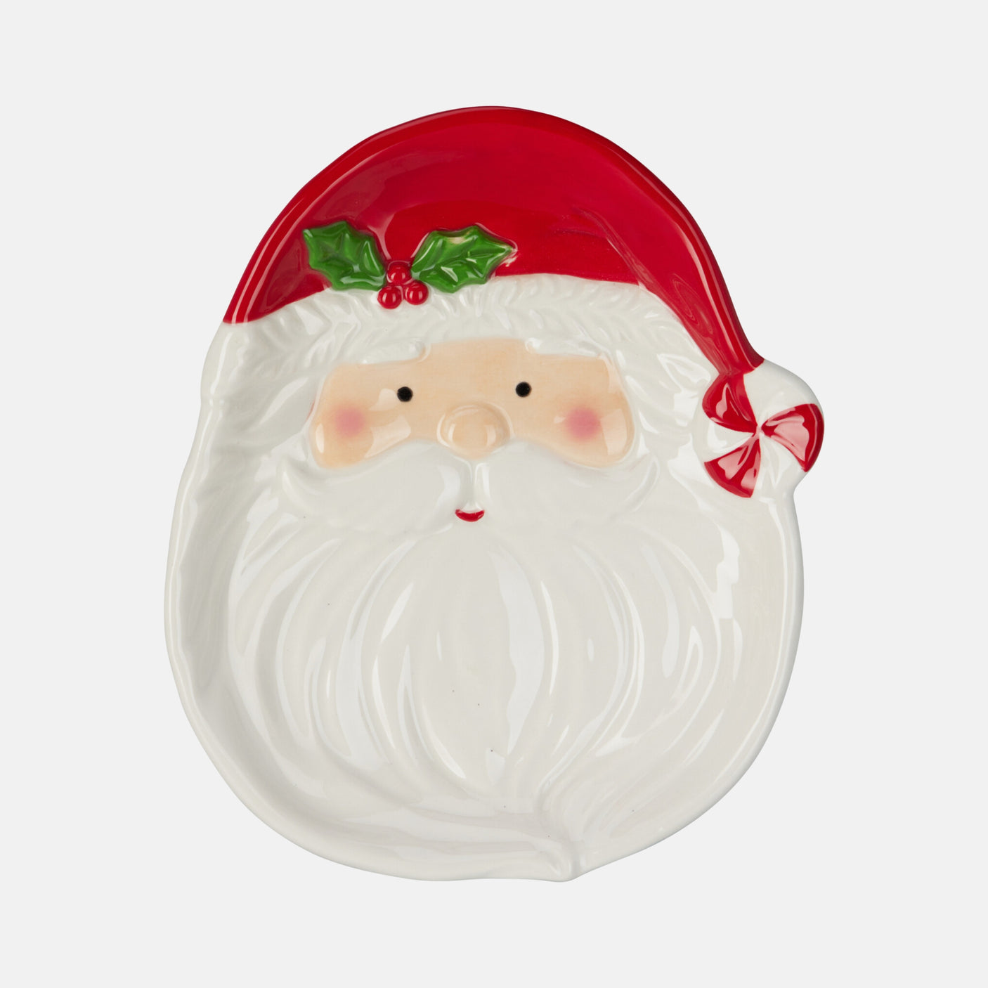 Dekorativ tallerken i form av nissefar på hvit duk