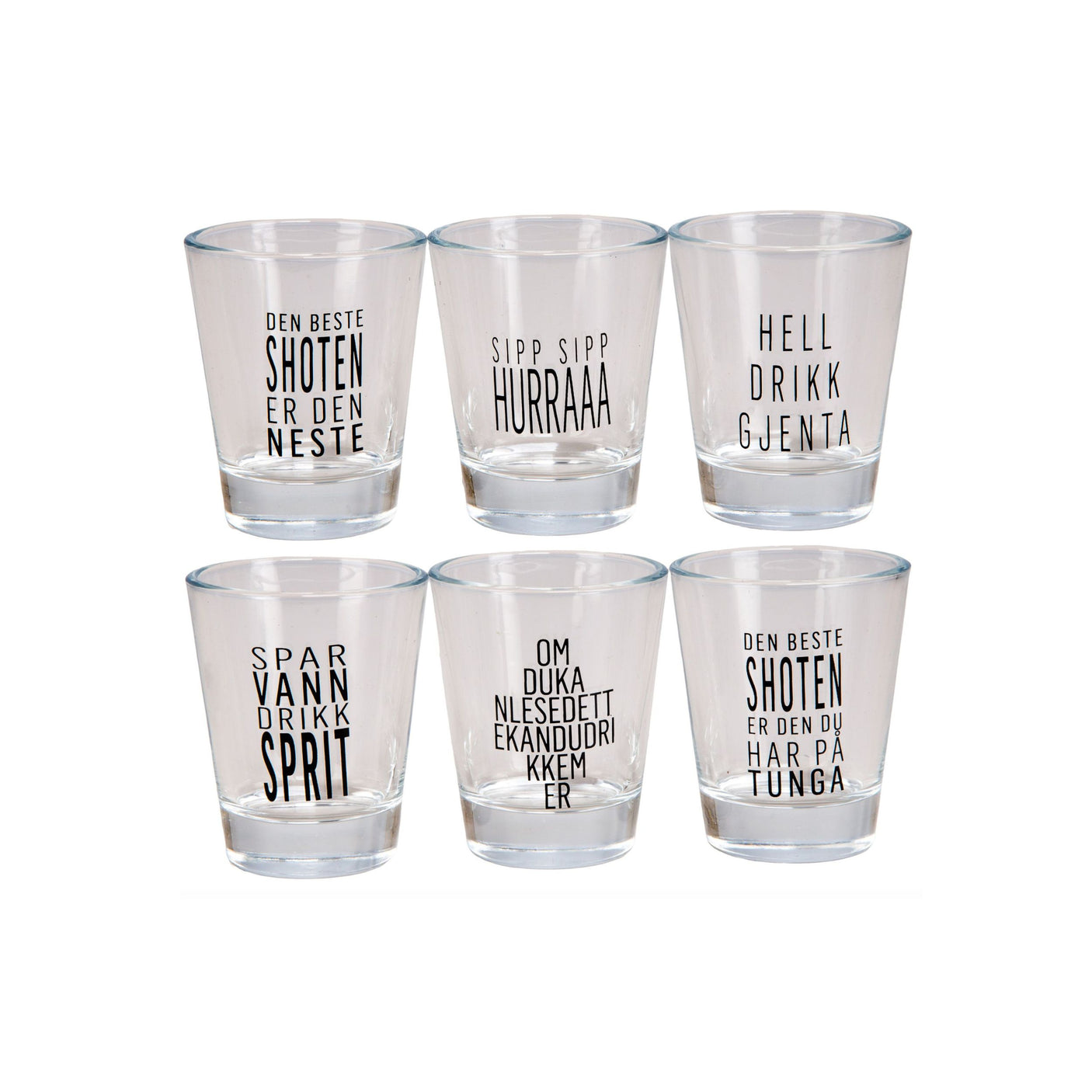 Sett med shotglass med morsomme norske sitater – humoristiske drikkeglass til fest.