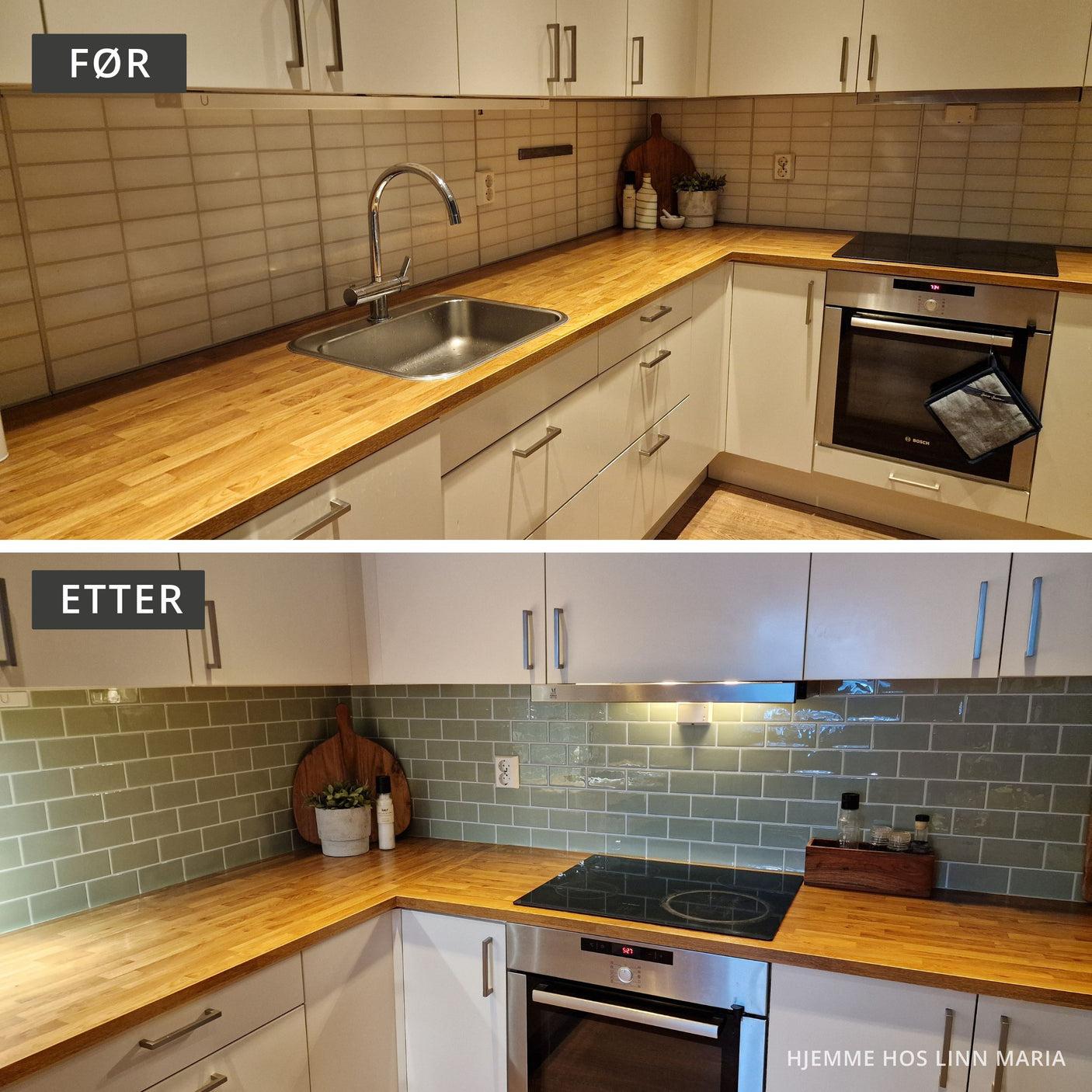 Subway selvklebende fliser i sage green med hvite fuger, enkel montering på kjøkkenvegg.