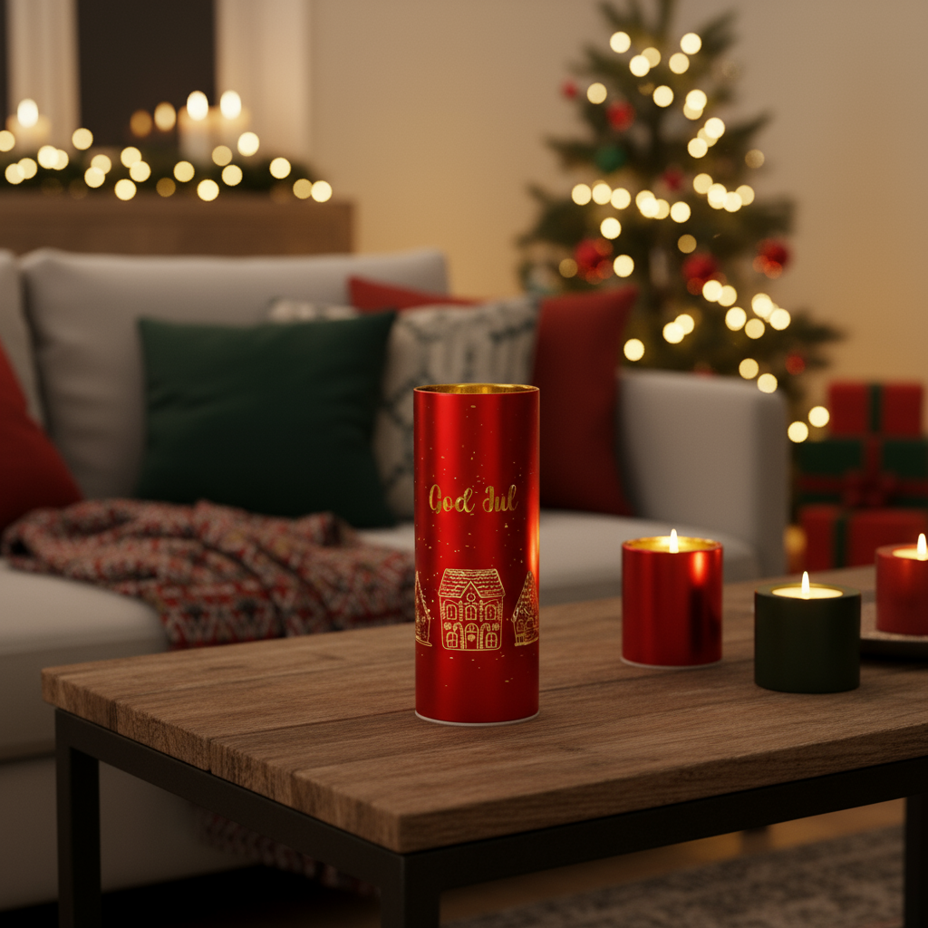 Lyslykt LED God Jul rød 8 x 20cm