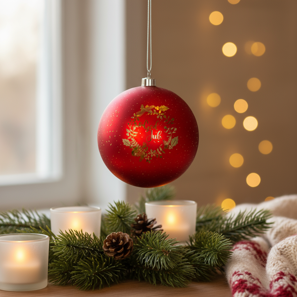 Lyslykt LED rund rød "God Jul" 15 cm