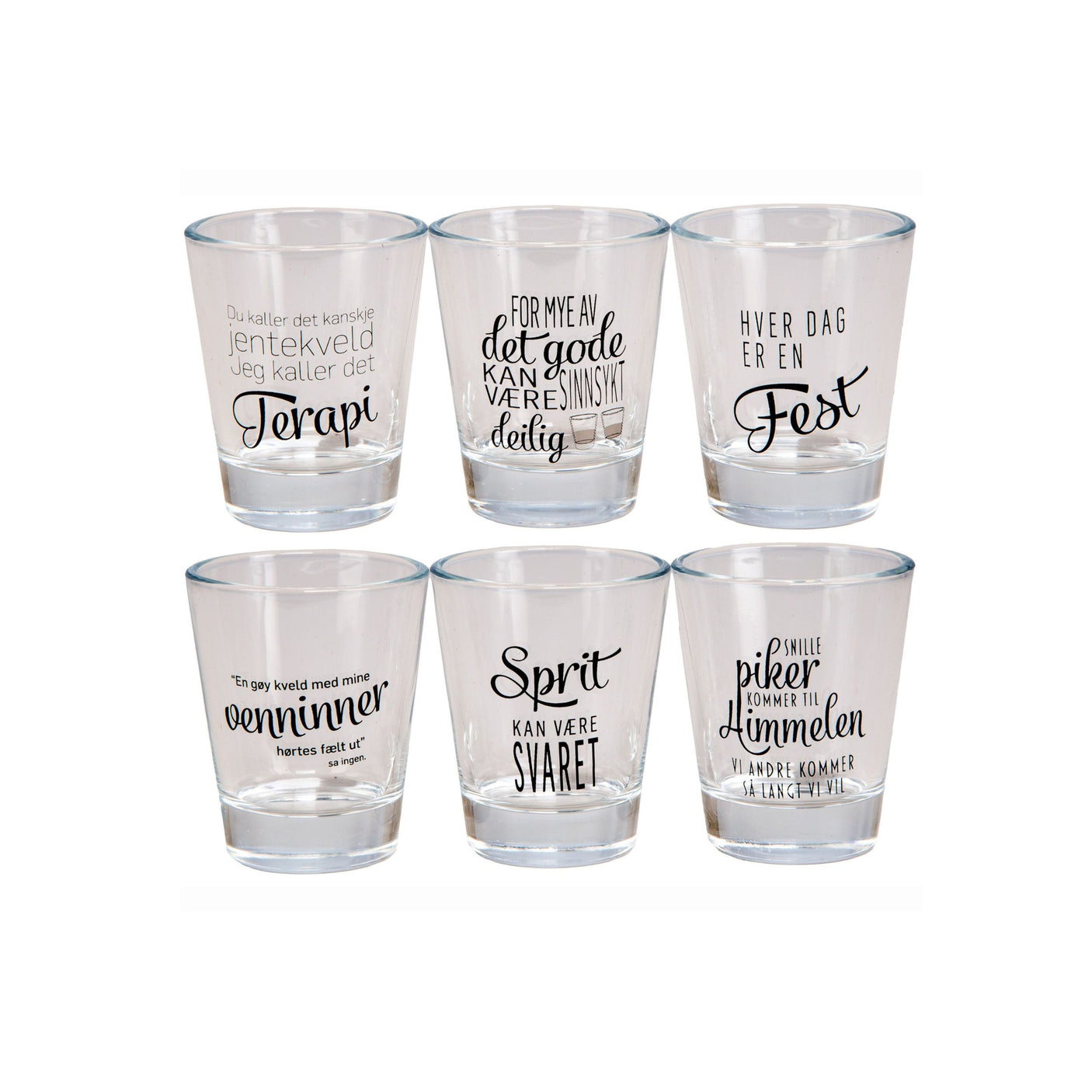 Shotglass med norske sitater – 6-pakning humoristiske drikkeglass med tekst som Terapi, Fest, Venninner og Sprit