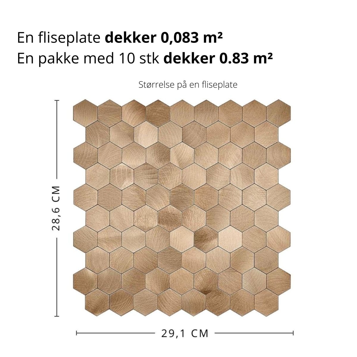 Kobberfarvede hexagonfliser giver en dekorativ effekt bag vask eller komfyr.