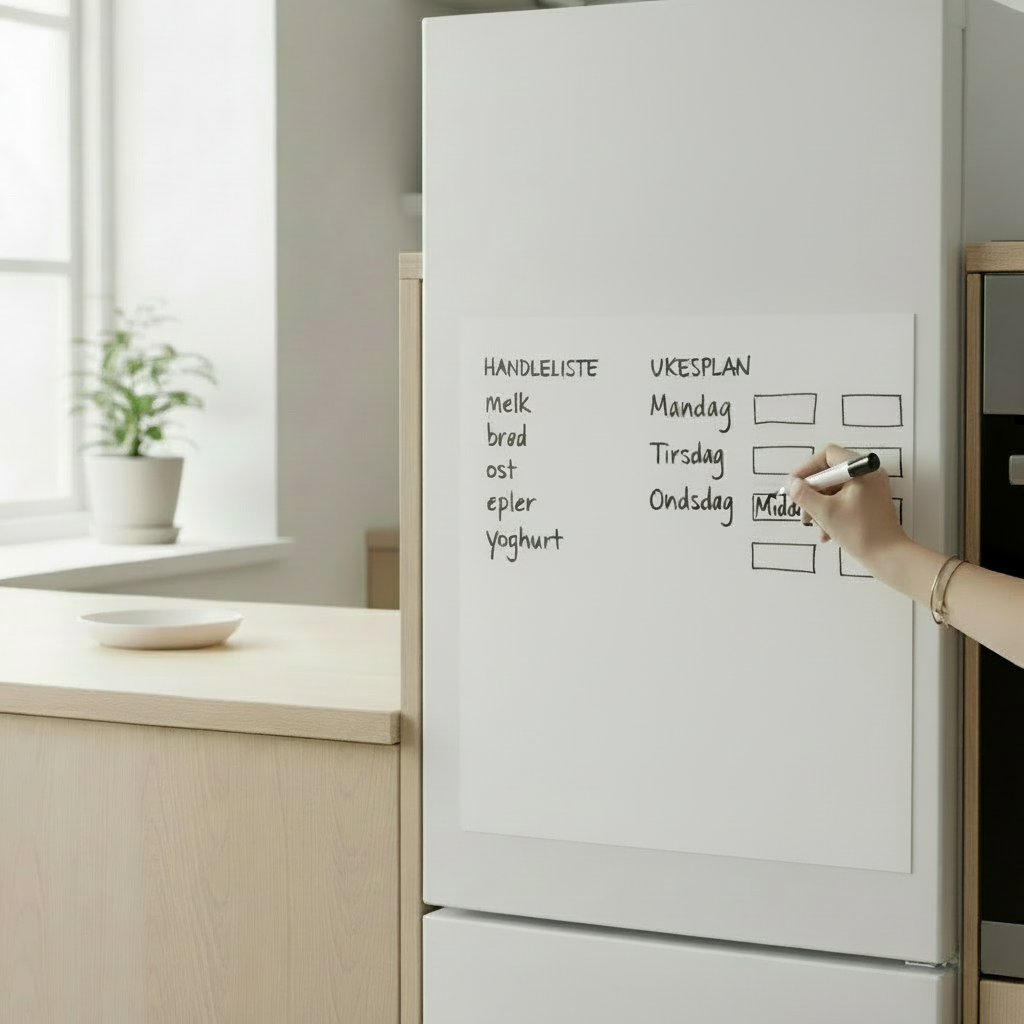 whiteboardfolie brukt som tavle på kjøleskap