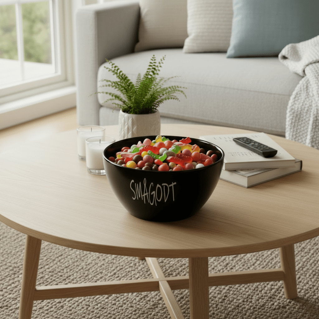 Sort keramikk skål til smågodt på bord i stue