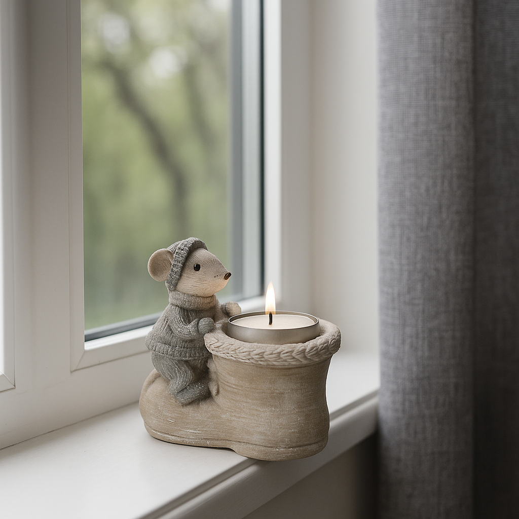 Koselig mus-figur i polyresin brukt som telysholder, med tent lys som skaper en varm stemning i interiøret.