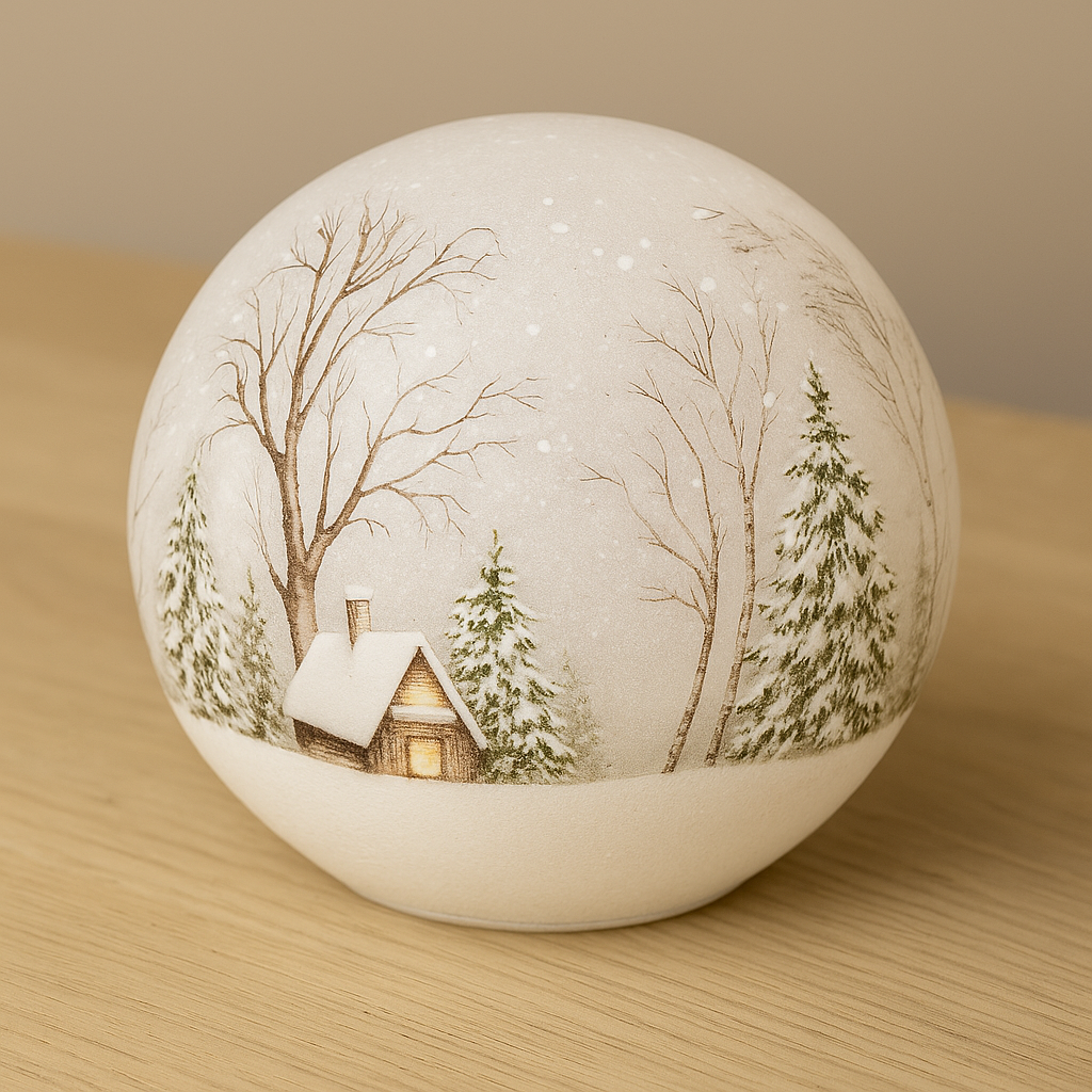 LED lyslykt med hytte i vinterlandskap – varm julebelysning som skaper magisk julestemning.