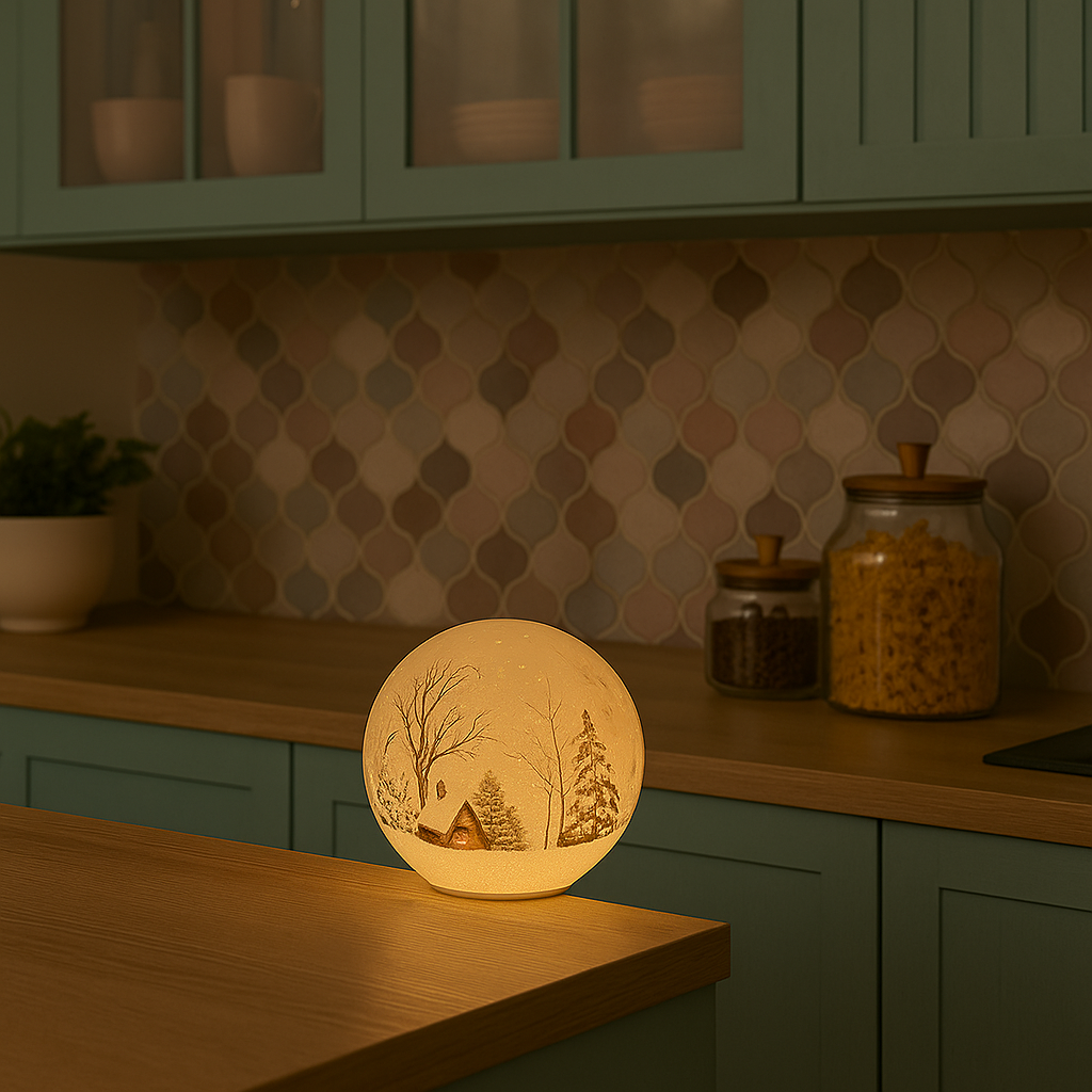 Lyslykt LED hytte 12 cm – glasslykt med vinterlandskap, batteridrevet med timerfunksjon.