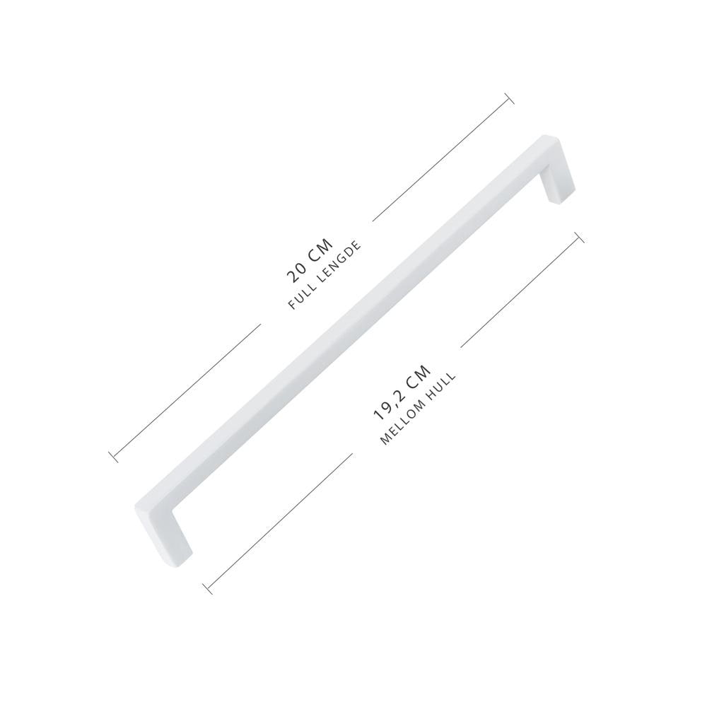 Metallhåndtak i hvit matt finish vist sammen med skruer