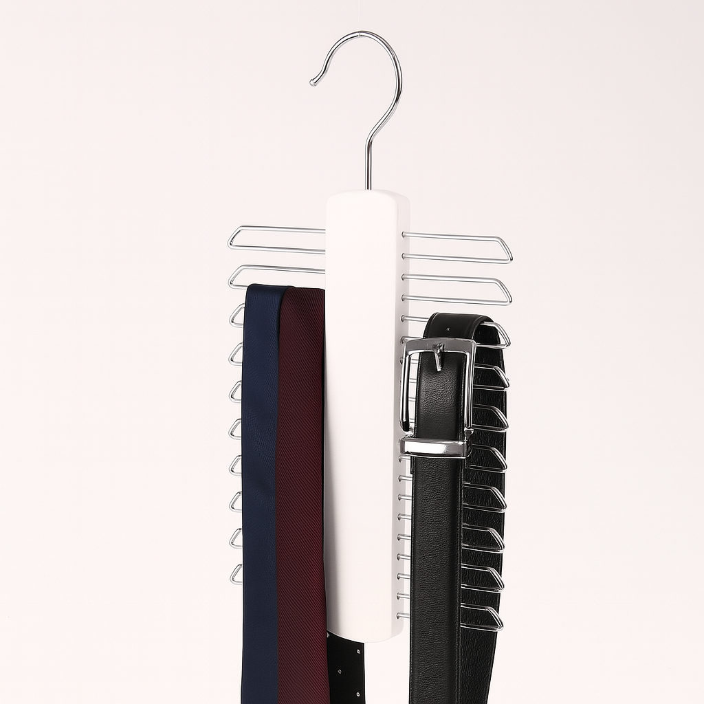 Kleshenger for slips og belter med metallkroker og roterbart oppheng – smart oppbevaring for organisert og plassbesparende garderobe.