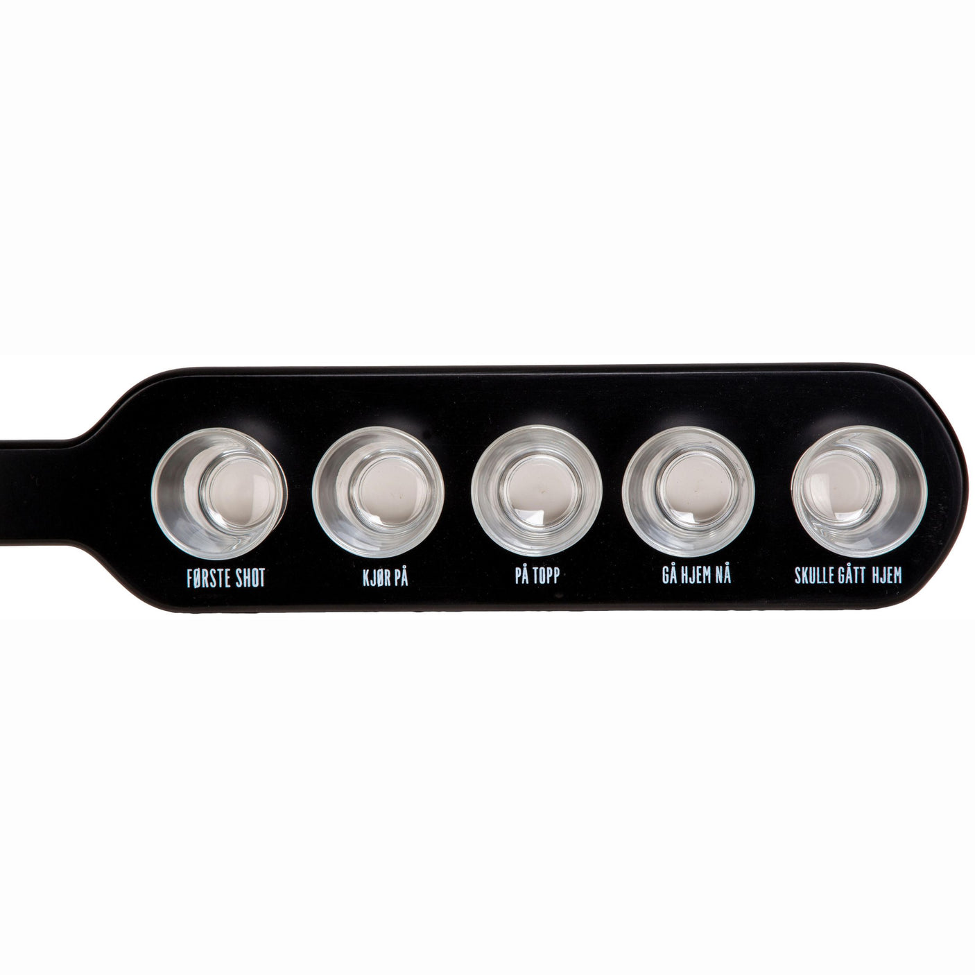 Svart shotbrett med glass og inngravert tekst, perfekt til fest og servering.