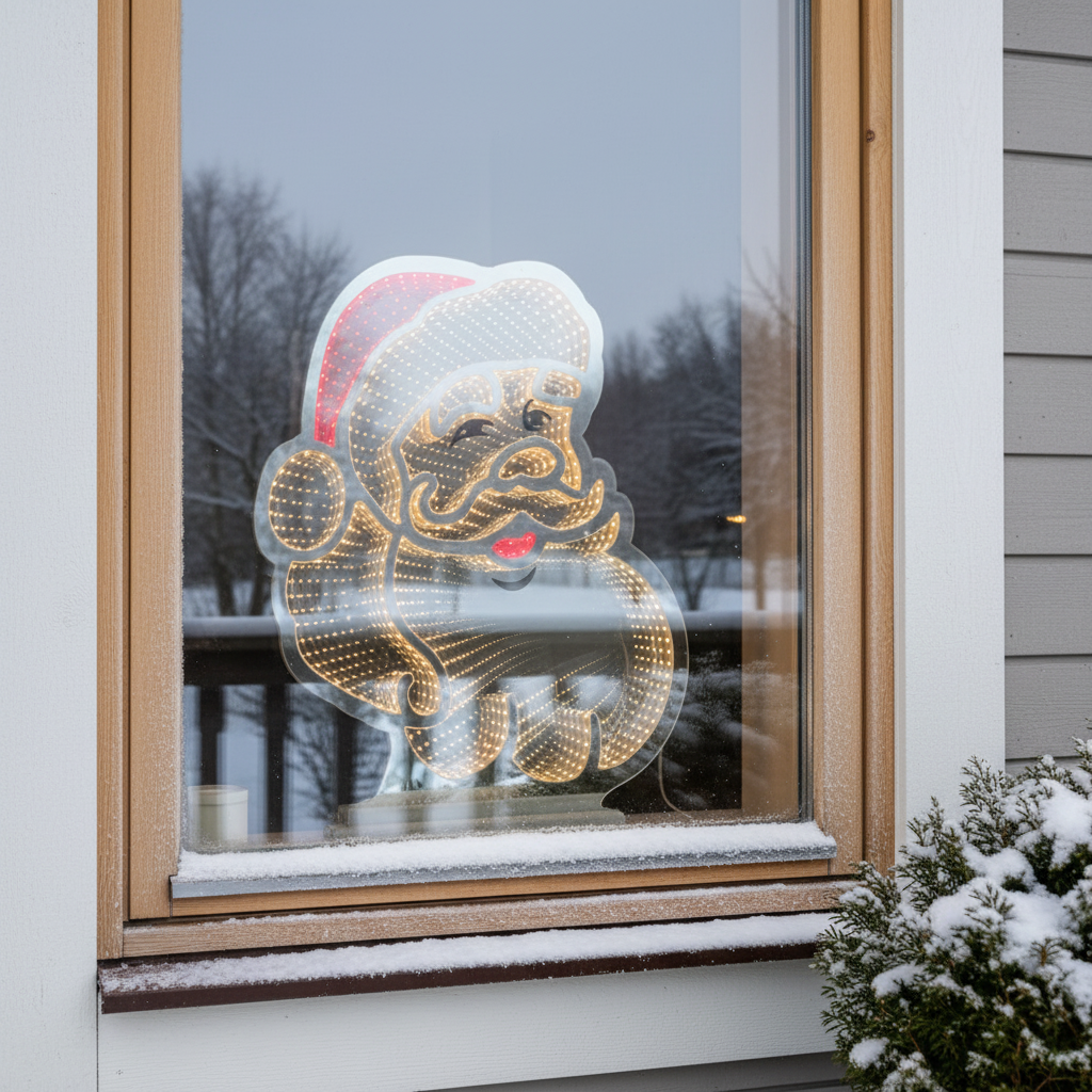 LED-lysdekor av nisse i vindu, omgitt av snø og vinterlandskap utenfor.