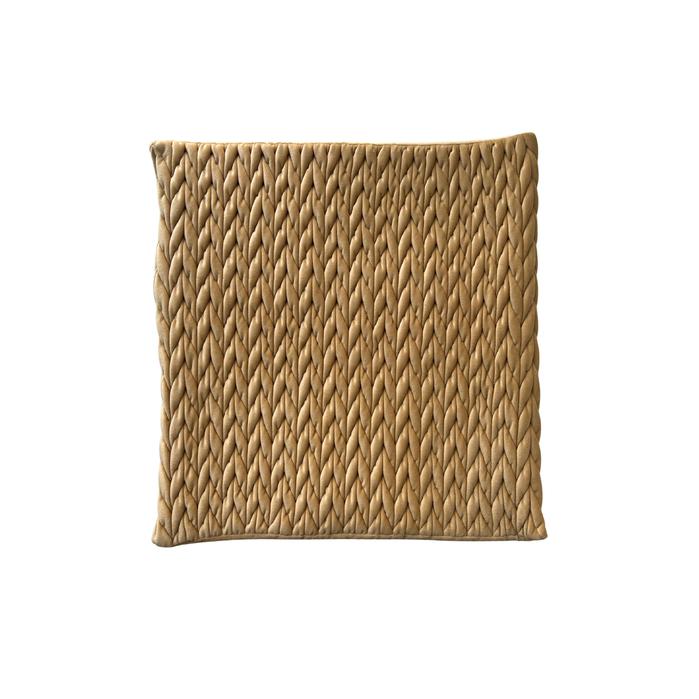 Dekorativ gul pyntepute med flettet velurstruktur.