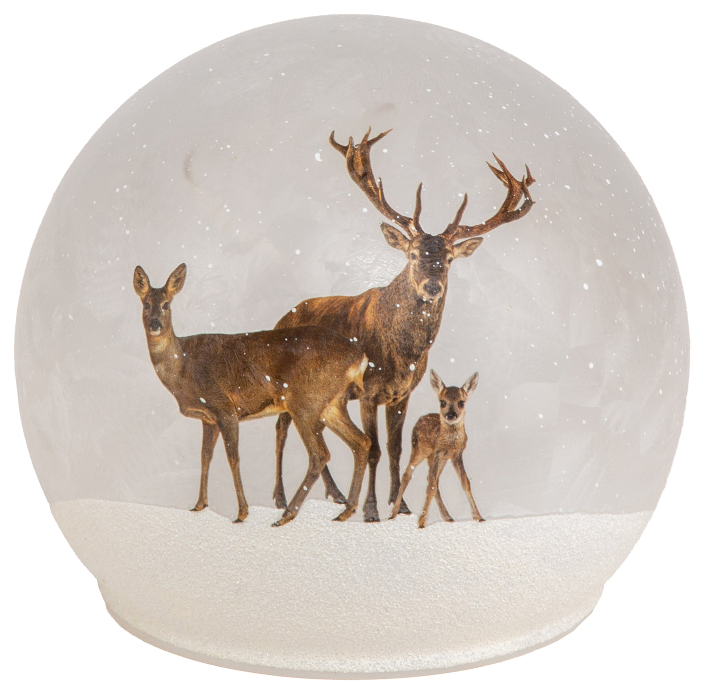 Glasslykt med LED-lys og hjortefamilie, 12 cm – dekorativ julepynt med vintermotiv.