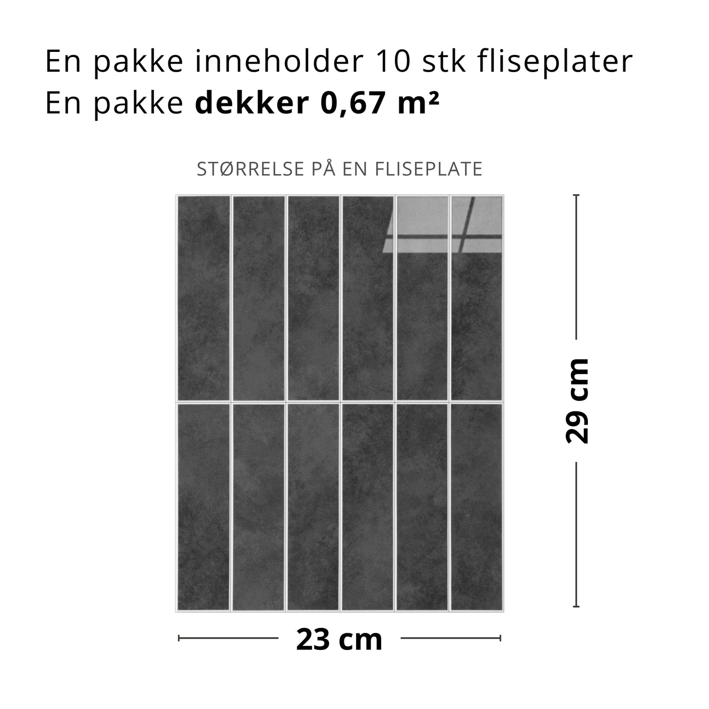 Størrelsesguide for Alma antrasitt marmor selvklebende fliser.