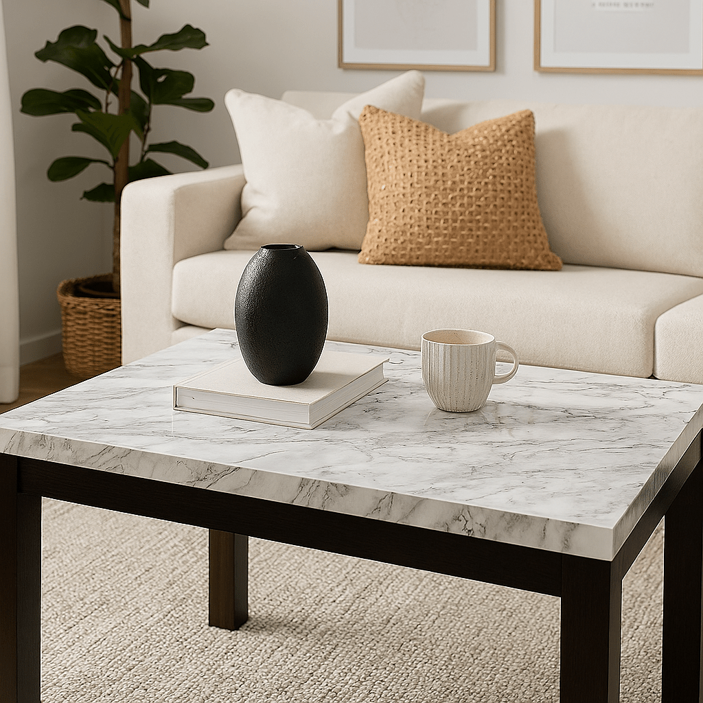 Moderne stuebord med marmormønstret kontaktplast, svart vase og kaffekopp foran beige sofa med teksturert pute og plante i bakgrunnen.