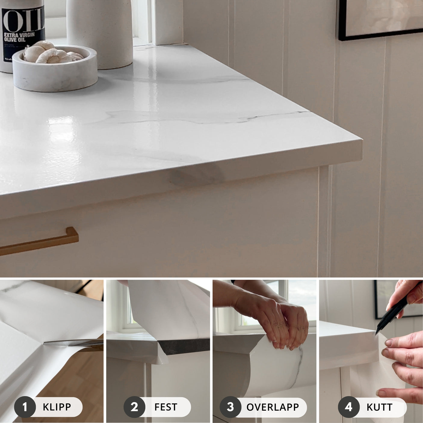 Steg for steg slik fester du kontaktplast på hjørner. Bilde av marmor klassisk hvit