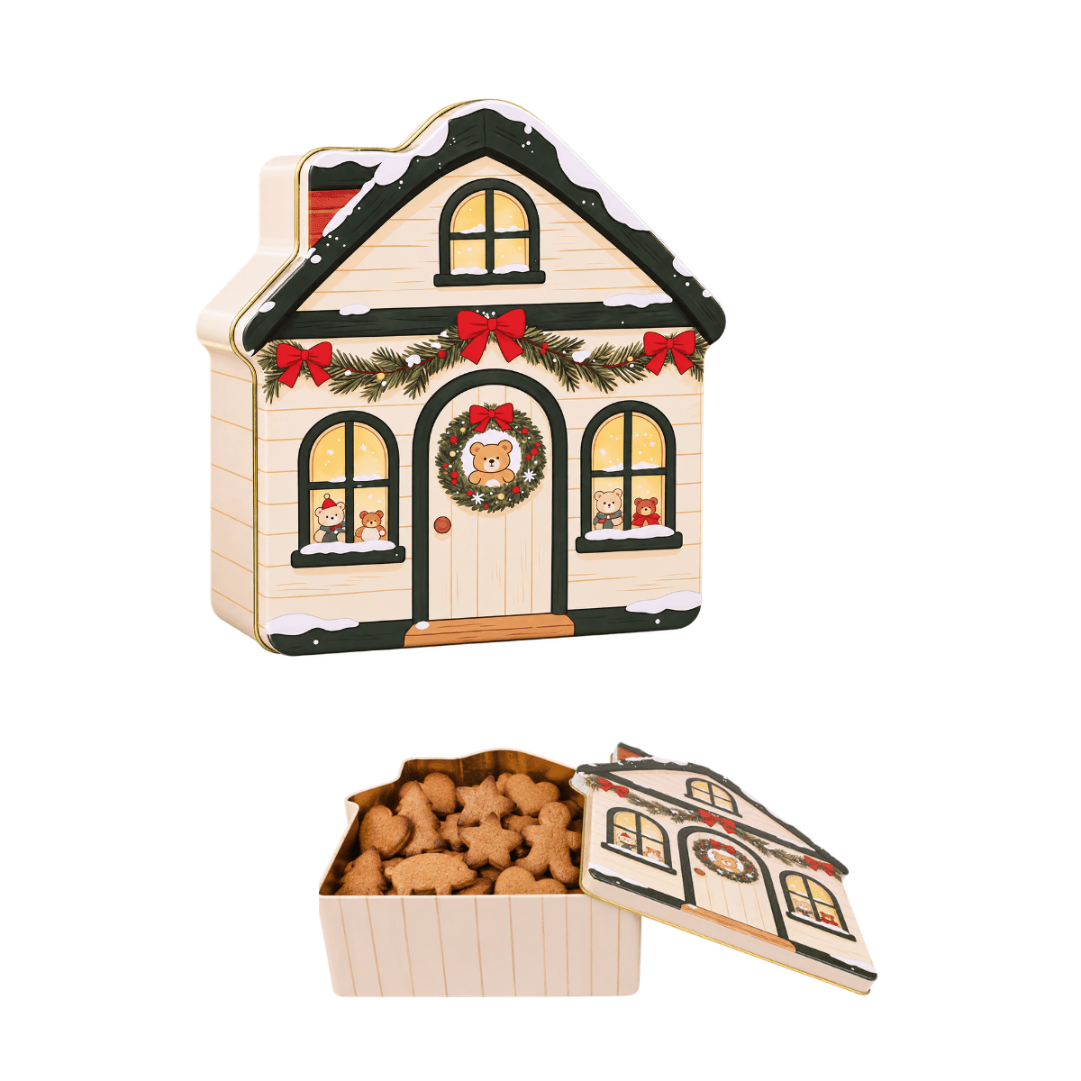 Kakeboks metall julehus beige 17 x 16 x 6 cm - Lindas Dekor Oppbevaringsboks