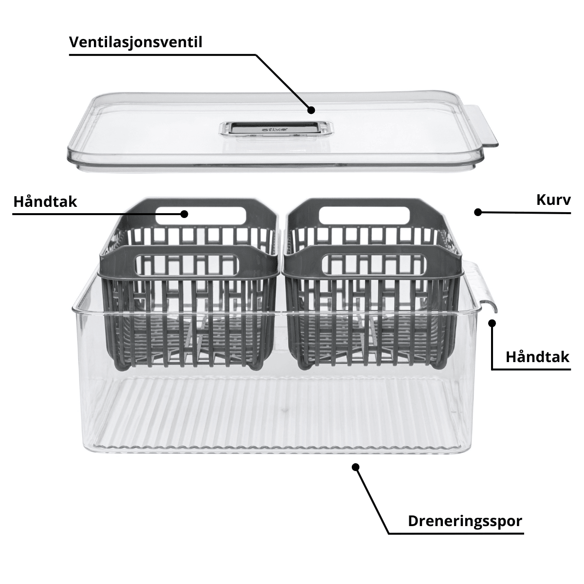 Kjøleskapsboks Tidy Fridge med 2 kurver, grå - Lindas Dekor Oppbevaringsboks til mat