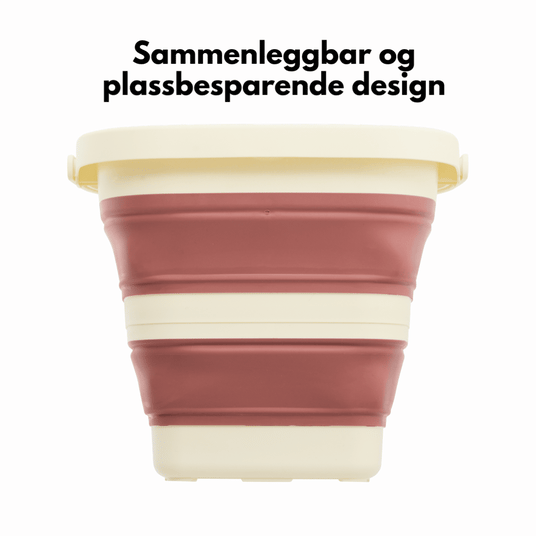 Sammenleggbar bøtte i gammelrosa som presses flat etter bruk