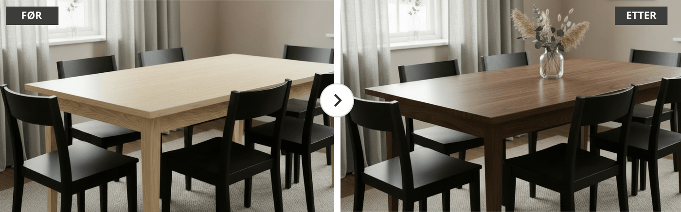 Före- och efterbild av matbord renoverat med kontaktplast i trädesign – ljust bord förvandlat till en elegant träyta med självhäftande folie.