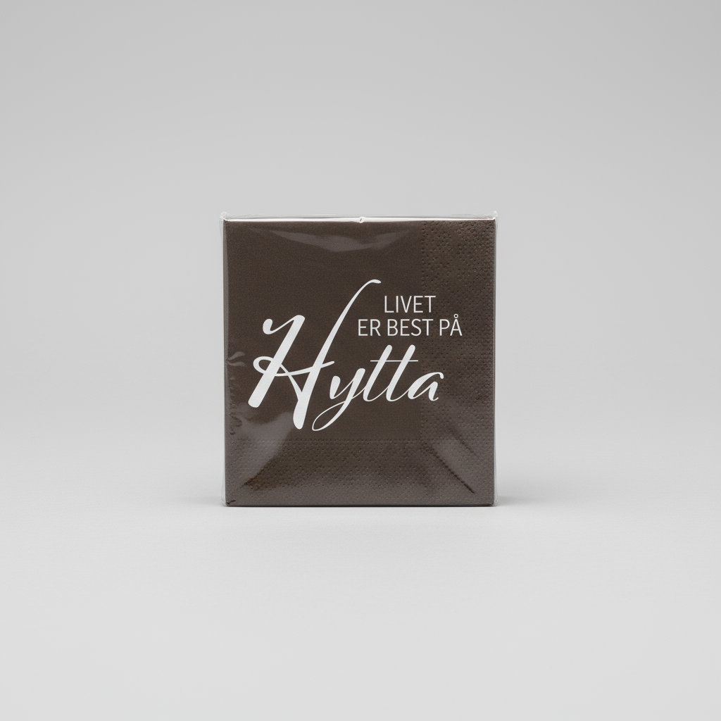 Lunsjservietter i brunsvart med hvit tekst