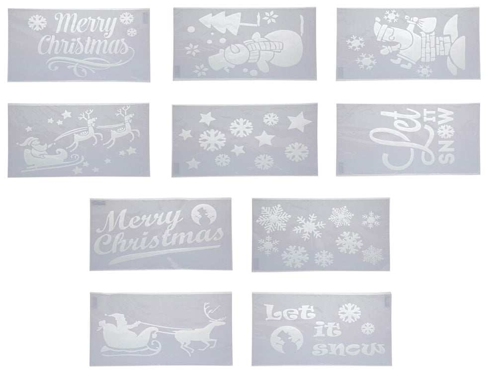 Sett med julesjablonger for vindusdekorasjon – Merry Christmas, Let it Snow, snøfnugg, julenisse og reinsdyr