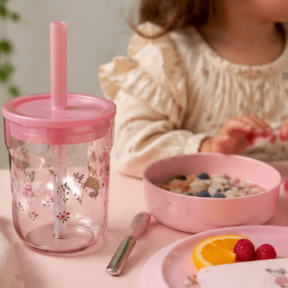 Barneglass med sugerør rosa Mio 250 ml - Lindas Dekor