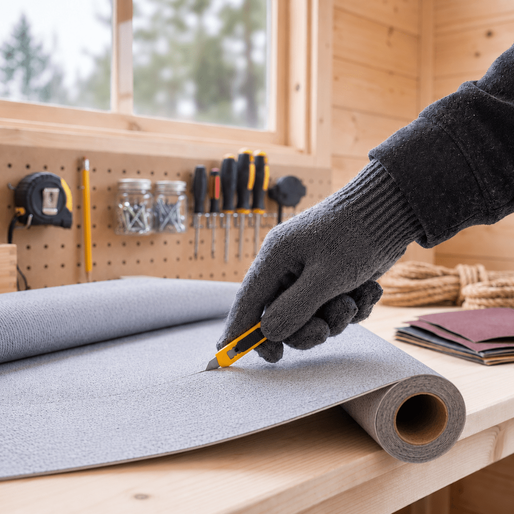 Person med arbeidshanske som bruker en liten gul utstyrskniv til å kutte grått materiale på en arbeidsbenk. - Lindas dekor