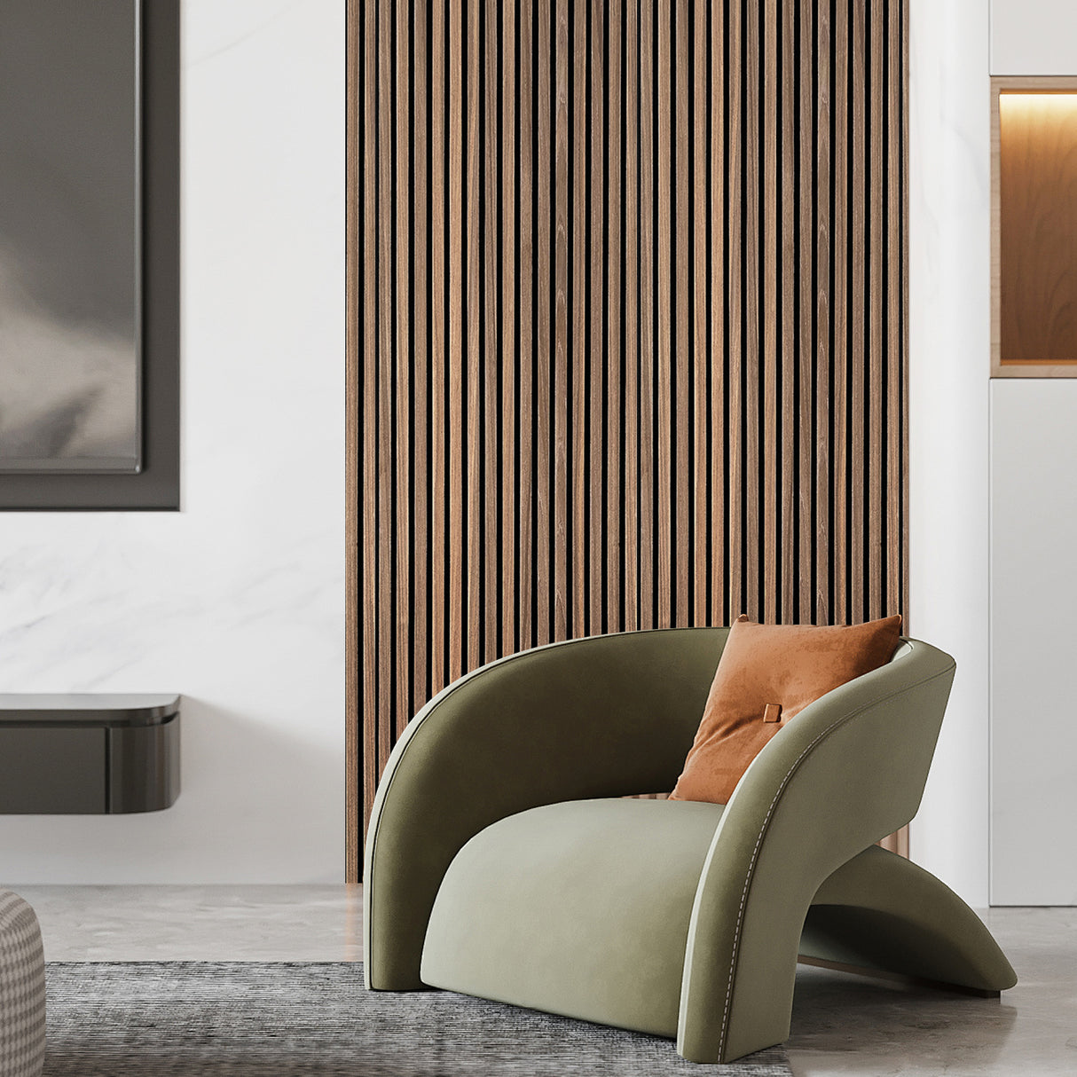 Selvklebende spileplater i klassisk valnøtt brukt som spilevegg i stue – akustikkplater med eksklusivt design