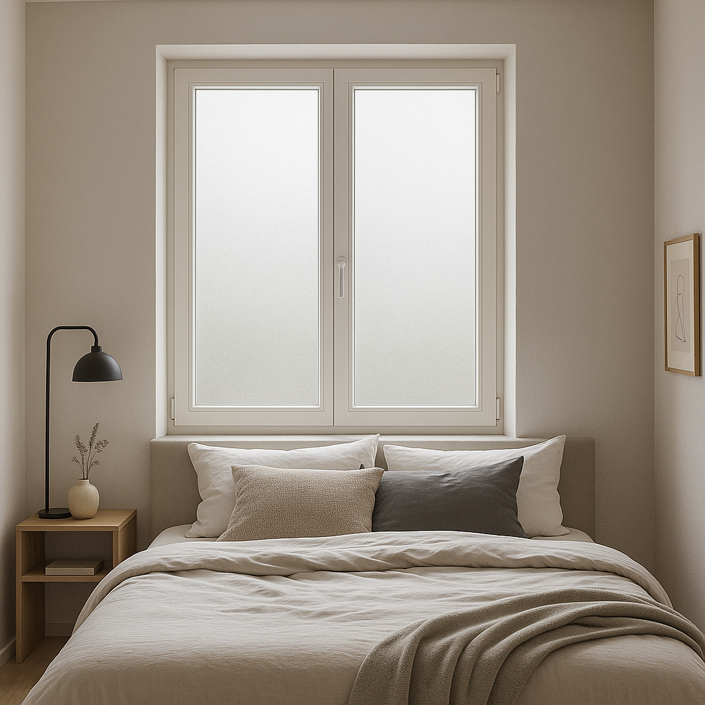 Moderne soverom med frostet vindusfolie som gir skjerming og lyse omgivelser