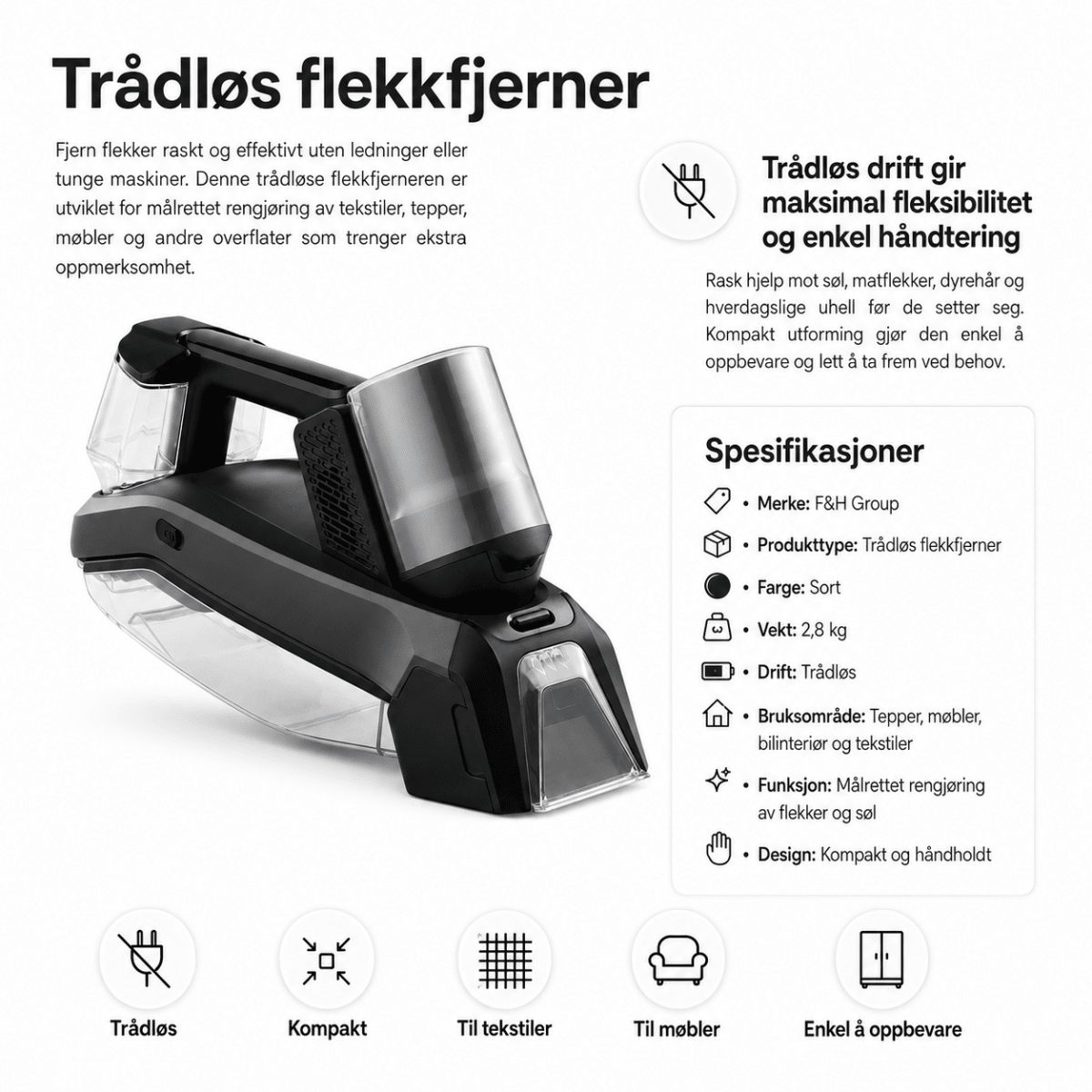 Trådløs flekkfjerner med oversikt over funksjoner og produktspesifikasjoner