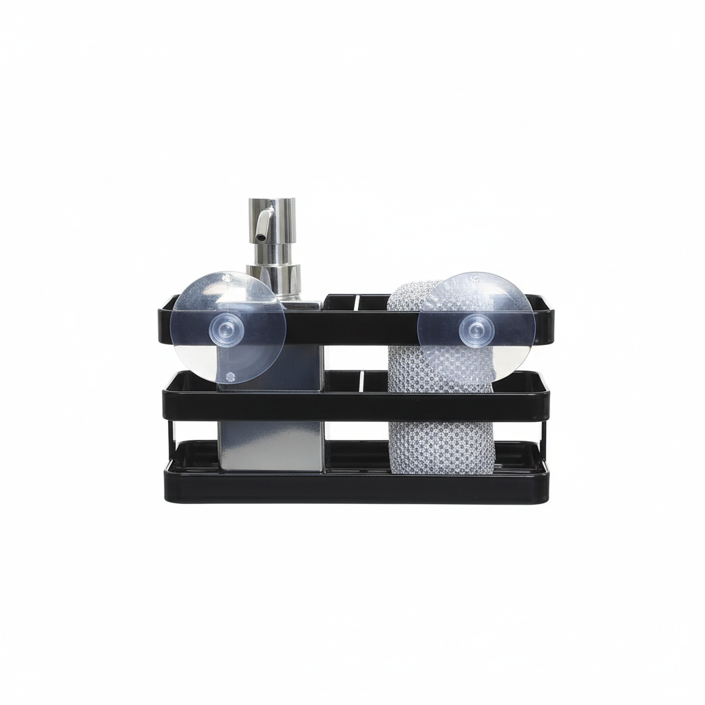 Svampholder i svart metall med åpen bunn for enkel drenering